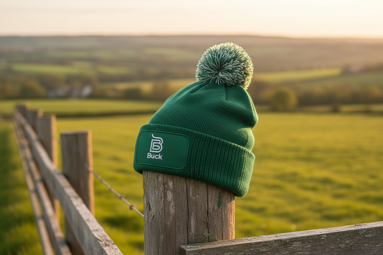 Bottle Green Buck Beanie on Fence Post