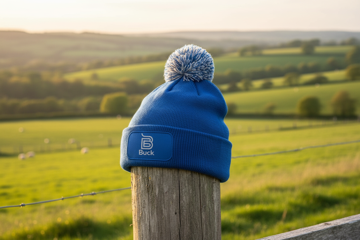 Bright Royal Buck Beanie on Fence Post