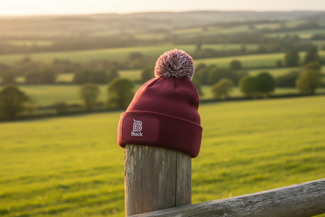 Burgundy Buck Beanie on Fence Post