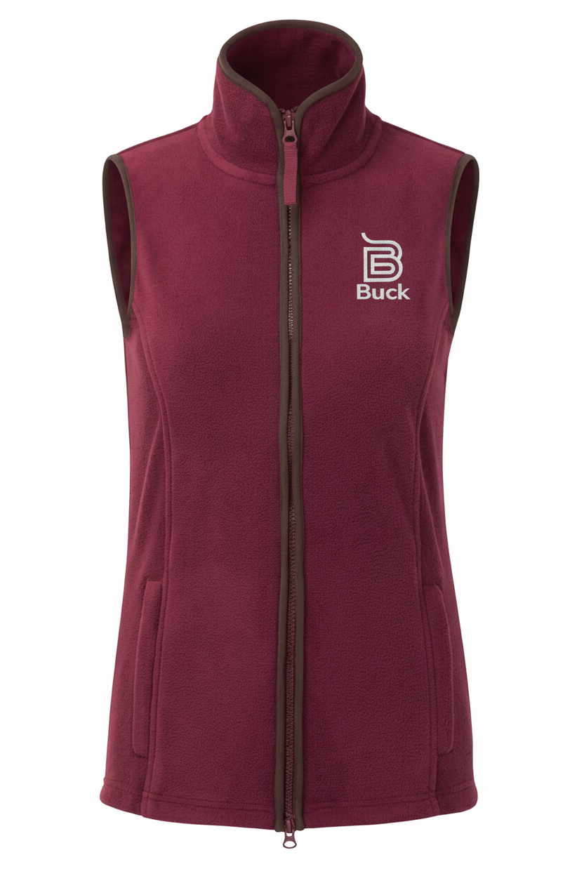 Burgundy gilet with Buck logo