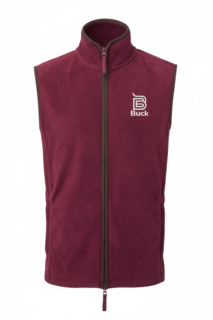 Burgundy gilet with Buck logo
