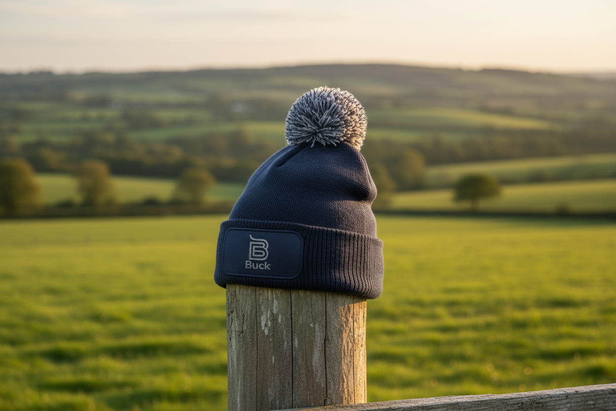 French Navy Buck Beanie on Fence Post