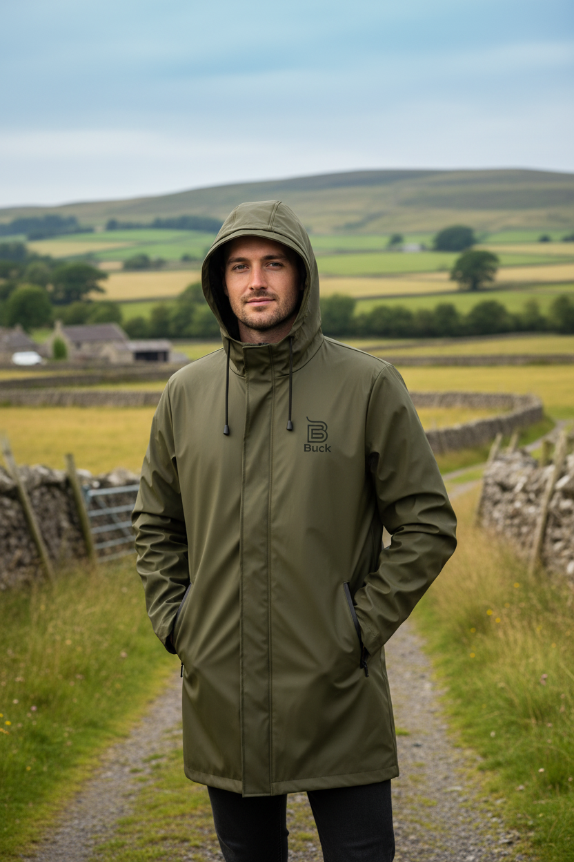 Model wearing olive coat in country setting with Buck logo